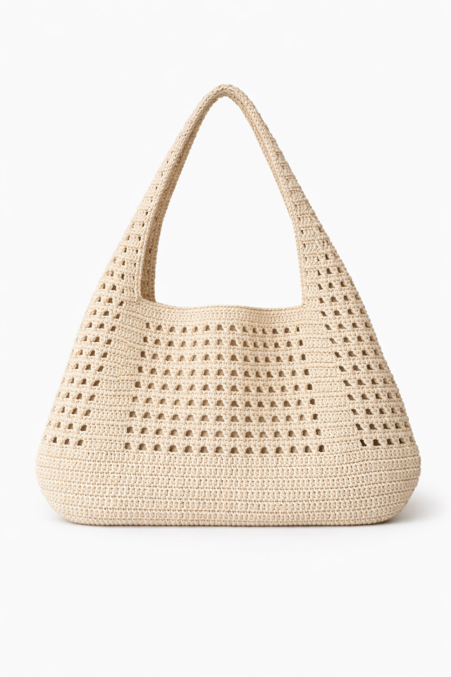 Büyük Rafya Örgü Çanta - Krem
