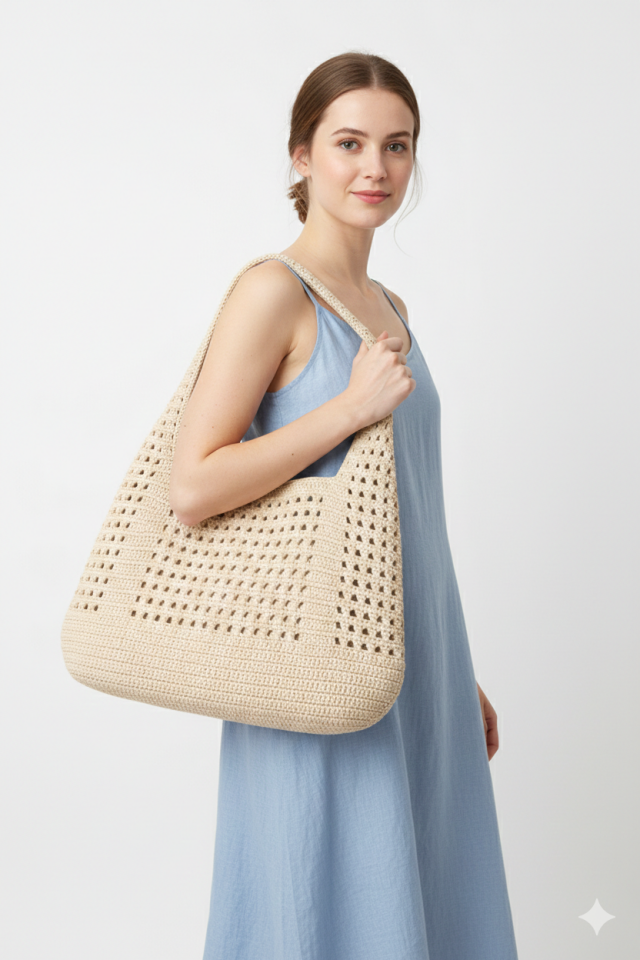 Büyük Rafya Örgü Çanta - Krem