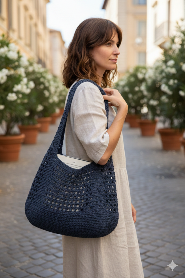 Büyük Rafya Örgü Çanta - Siyah