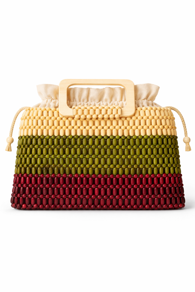 Ahşap Saplı Boncuk Örgü El Çantası – Bordo