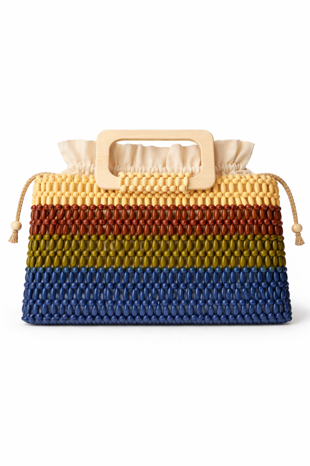 Ahşap Saplı Boncuk Örgü El Çantası – Lacivert