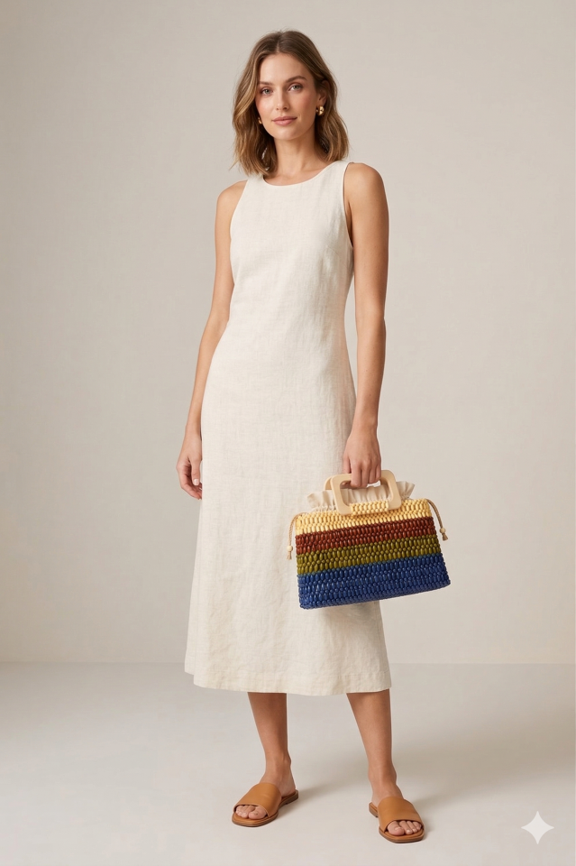 Ahşap Saplı Boncuk Örgü El Çantası – Lacivert