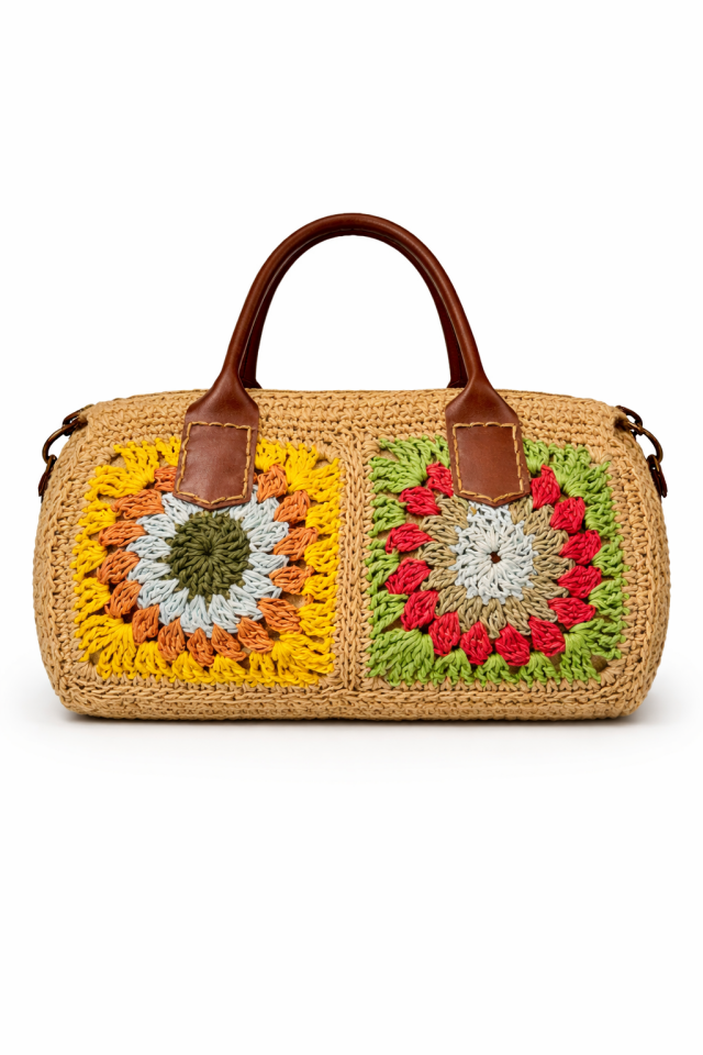 Deri Saplı Çiçek Motifli Silindir Çanta