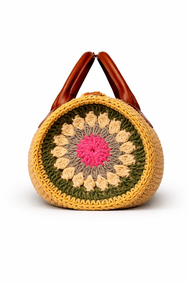 Deri Saplı Çiçek Motifli Silindir Çanta